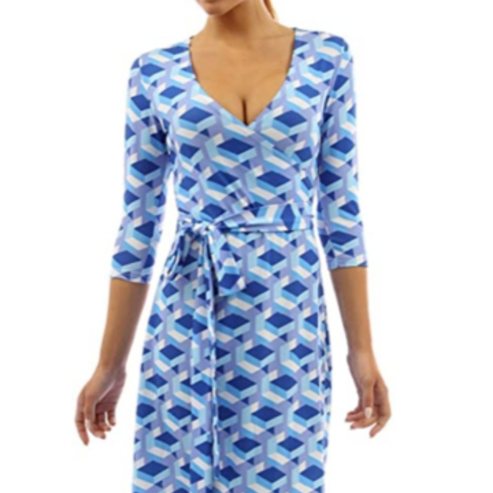 Patty Boutik Blue Geometric Faux Wrap Elbow Sleeve Dress Size Medium